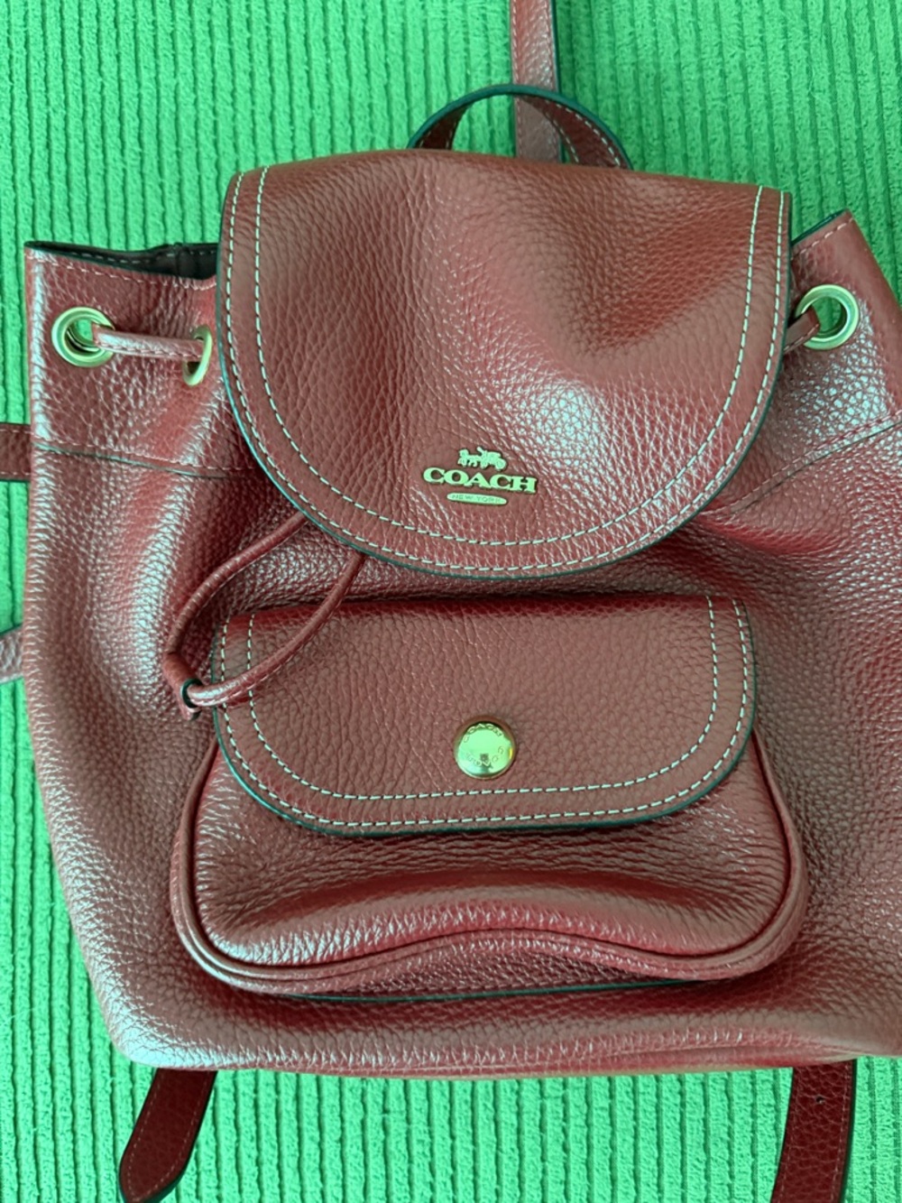 Coach Red Pebbled Leather Drawstring Backpack with Front Pocket